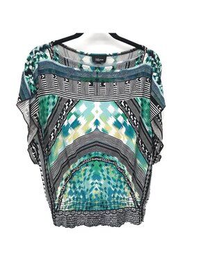 Iz Byer Womens Geometric Print Top Elastic Hem Size L Turquoise & Black